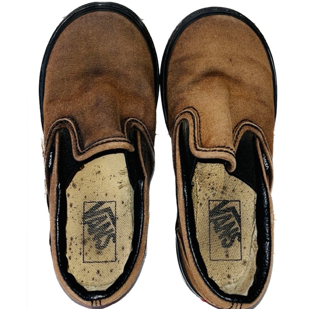Vans Brown on Black Canvas Slip On V Shoes, Toddler Size 10 - Picture 3 of 11